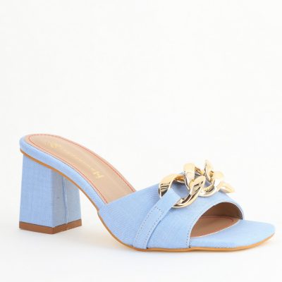Saboți damă cu toc din piele ecologica cu design cu lanț culoare albastru denim (BS080TR2405445)