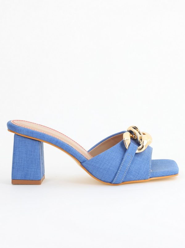 Saboți damă cu toc din piele ecologica cu design cu lanț culoare albastru denim (BS080TR2405446) 122