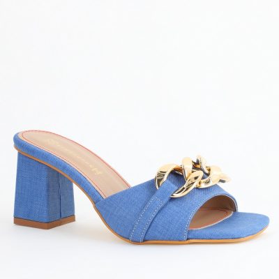 Saboți damă cu toc din piele ecologica cu design cu lanț culoare albastru denim (BS080TR2405446)