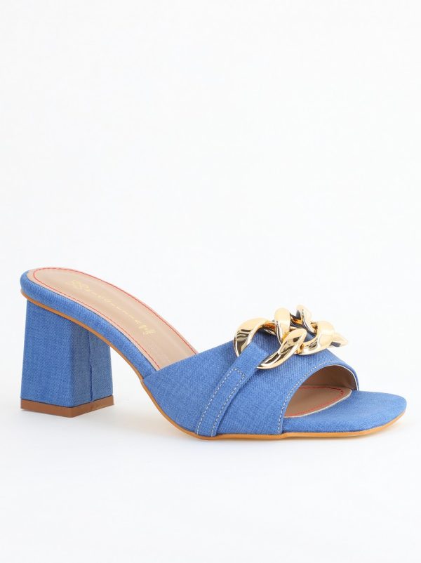 Incaltaminte Dama - Saboți damă cu toc din piele ecologica cu design cu lanț culoare albastru denim (BS080TR2405446)