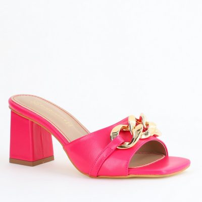 Saboți damă cu toc din piele ecologica cu design cu lanț culoare roz fuchsia mat (BS080TR2405443)