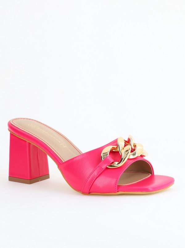 Incaltaminte Dama - Saboți damă cu toc din piele ecologica cu design cu lanț culoare roz fuchsia mat (BS080TR2405443)