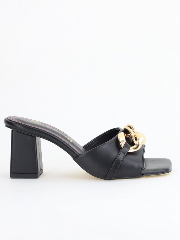 Saboți damă cu toc din piele ecologica cu design cu lanț culoare negru mat (BS080TR2405441) 122