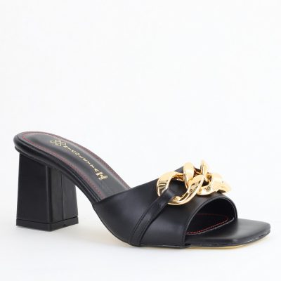 Saboți damă cu toc din piele ecologica cu design cu lanț culoare negru mat (BS080TR2405441)