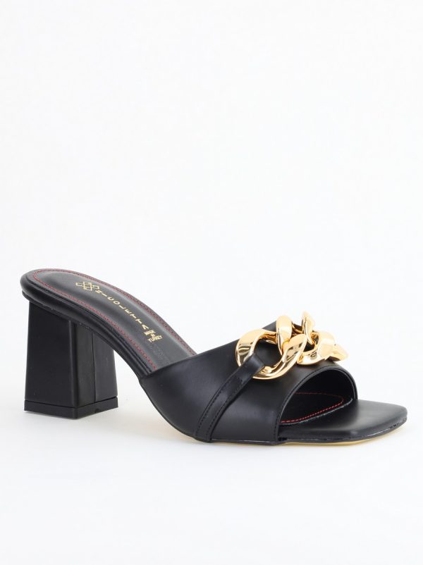 Incaltaminte Dama - Saboți damă cu toc din piele ecologica cu design cu lanț culoare negru mat (BS080TR2405441)