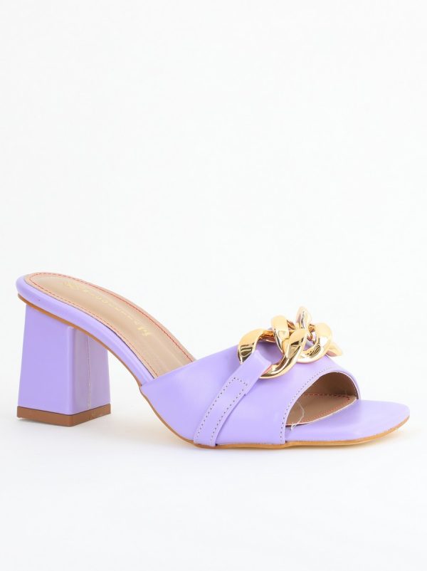 Incaltaminte Dama - Saboți damă cu toc din piele ecologica cu design cu lanț culoare violet mat (BS080TR2405449)