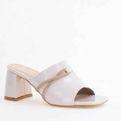 Saboți damă cu toc din piele ecologica cu pietricele culoare alb latte (BS265TR2405382)