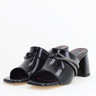 Saboți damă cu toc din piele ecologica cu pietricele culoare negru (BS265TR2405380)