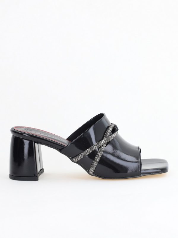 Saboți damă cu toc din piele ecologica cu pietricele culoare negru (BS265TR2405380) 121