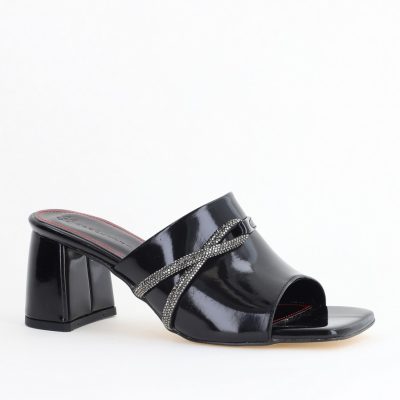 Saboți damă cu toc din piele ecologica cu pietricele culoare negru (BS265TR2405380)