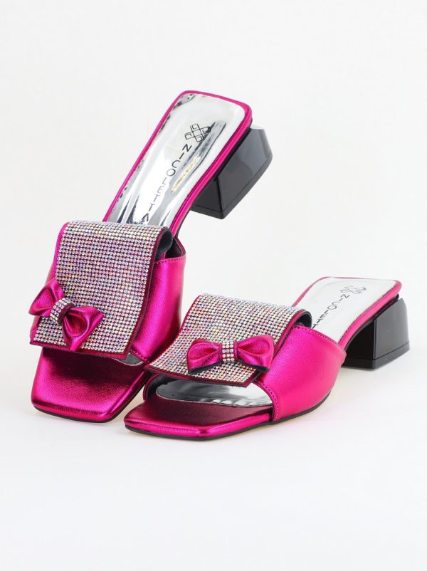 Saboți Damă cu Toc jos cu cristale și fundiță culoare Fuchsia metalic BS61TR2405395 120