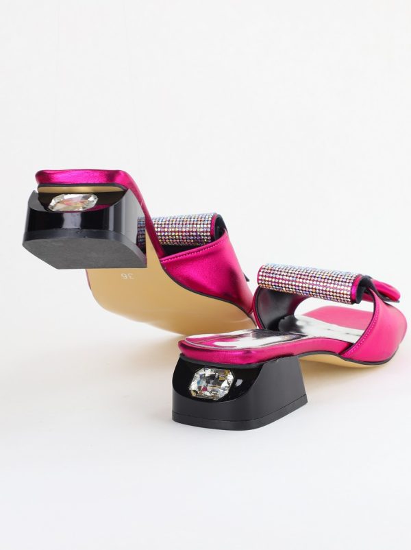 Saboți Damă cu Toc jos cu cristale și fundiță culoare Fuchsia metalic BS61TR2405395 122