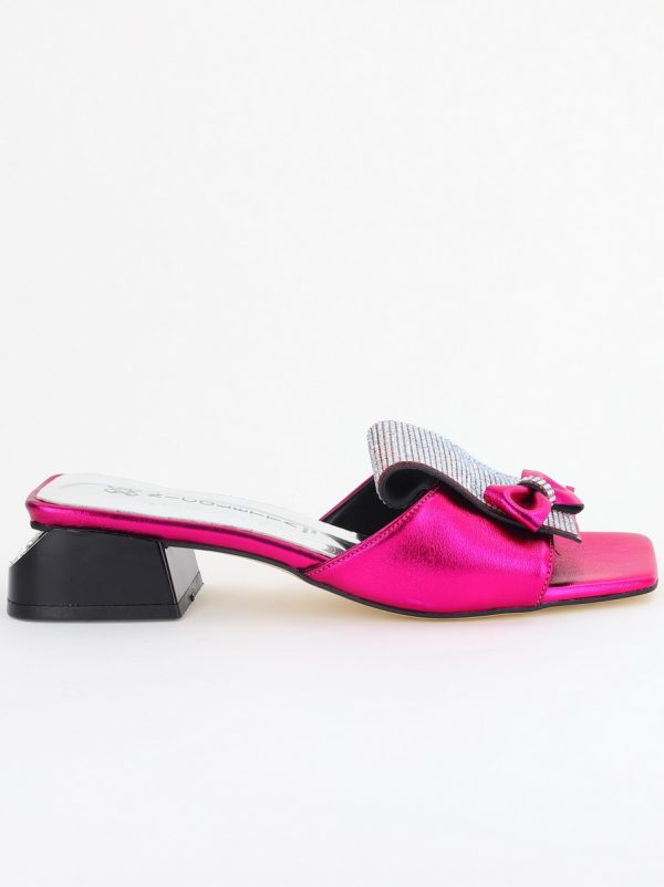 Saboți Damă cu Toc jos cu cristale și fundiță culoare Fuchsia metalic BS61TR2405395 124