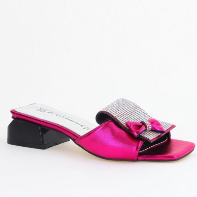 Saboți Damă cu Toc jos cu cristale și fundiță culoare Fuchsia metalic BS61TR2405395