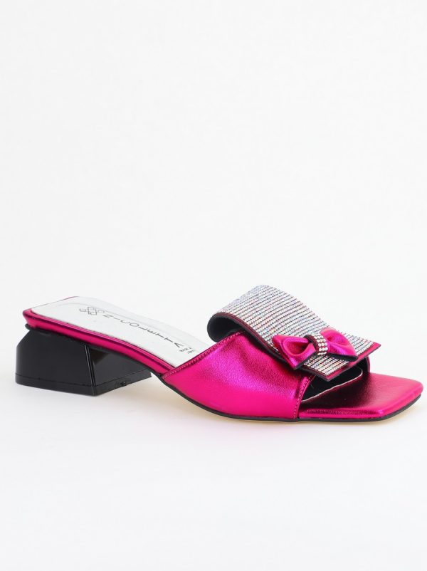 Incaltaminte Dama - Saboți Damă cu Toc jos cu cristale și fundiță culoare Fuchsia metalic BS61TR2405395