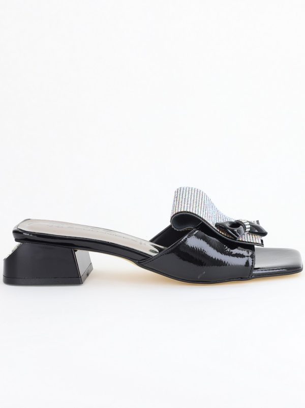 Saboți Damă cu Toc jos cu cristale și fundiță culoare Negru lucios BS61TR2405388 124