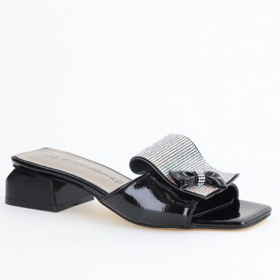 Saboți Damă cu Toc jos cu cristale și fundiță culoare Negru lucios BS61TR2405388