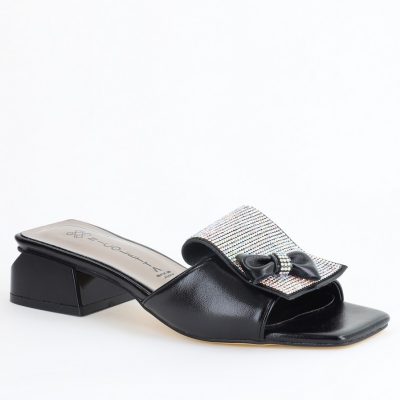 Saboți Damă cu Toc jos cu cristale și fundiță culoare Negru mat BS61TR2405387