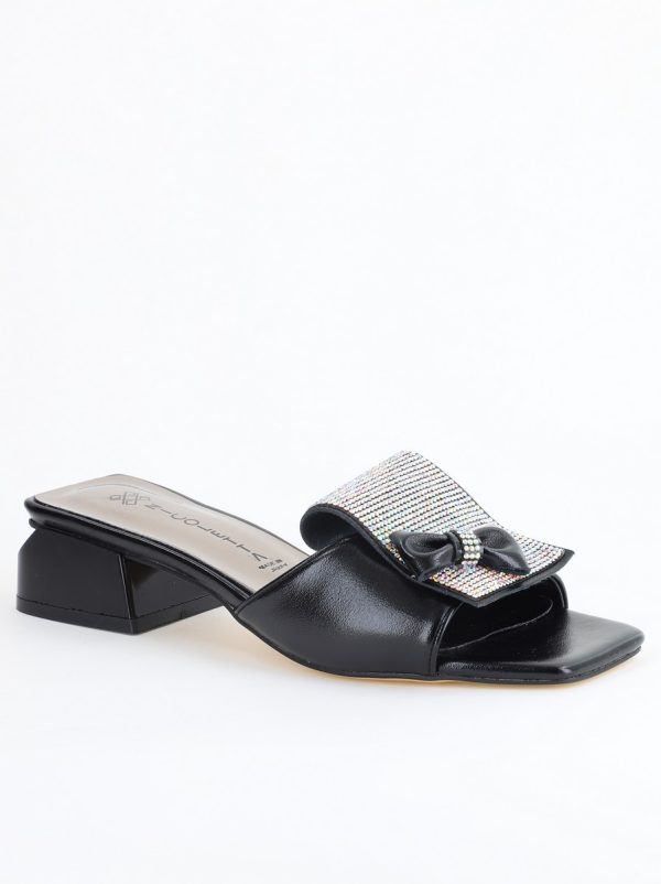 Incaltaminte Dama - Saboți Damă cu Toc jos cu cristale și fundiță culoare Negru mat BS61TR2405387