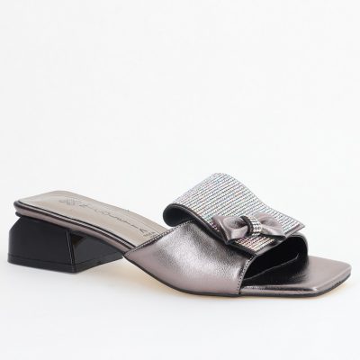 Saboți Damă cu Toc jos cu cristale și fundiță culoare Platină metalic BS61TR2405392