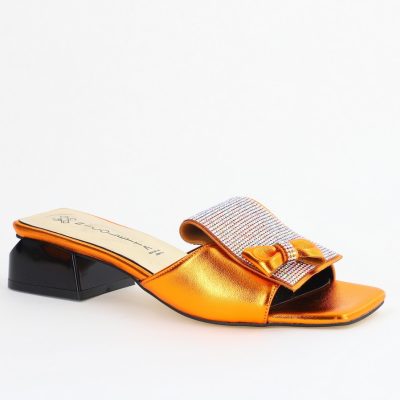 Saboți Damă cu Toc jos cu cristale și fundiță culoare Portocaliu metalic BS61TR2405393