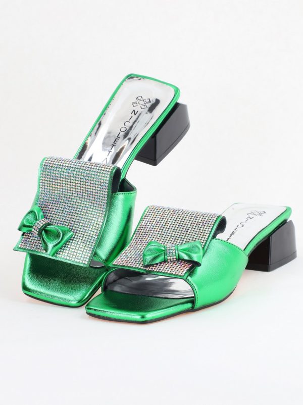 Saboți Damă cu Toc jos cu cristale și fundiță culoare Verde metalic BS61TR2405394 120