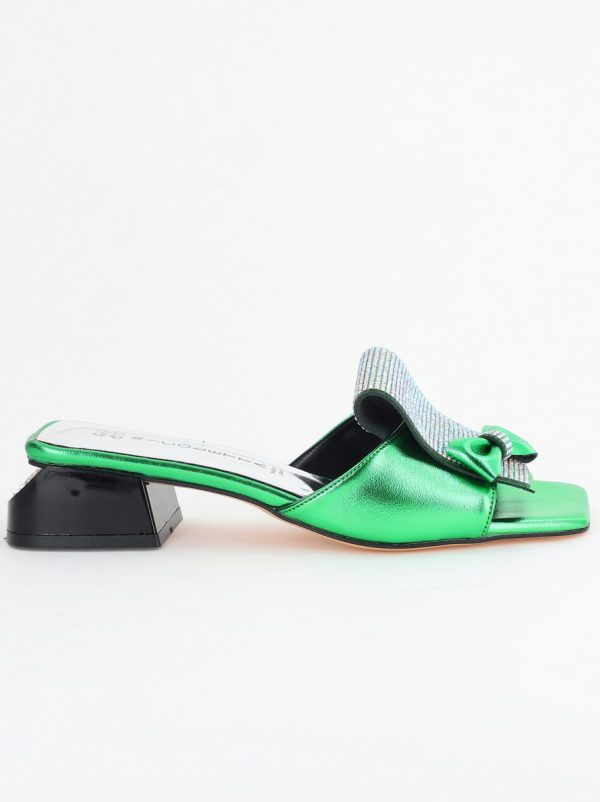Saboți Damă cu Toc jos cu cristale și fundiță culoare Verde metalic BS61TR2405394 124
