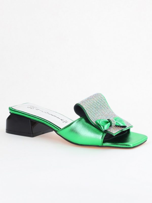 Incaltaminte Dama - Saboți Damă cu Toc jos cu cristale și fundiță culoare Verde metalic BS61TR2405394