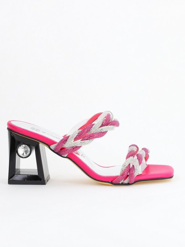 Saboți eleganti cu toc damă din piele ecologica cu pietricele culoare Fuchsia BS520TR2405308 124
