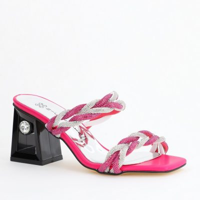 Saboți eleganti cu toc damă din piele ecologica cu pietricele culoare Fuchsia BS520TR2405308