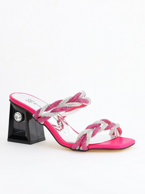 Incaltaminte Dama - Saboți eleganti cu toc damă din piele ecologica cu pietricele culoare Fuchsia BS520TR2405308