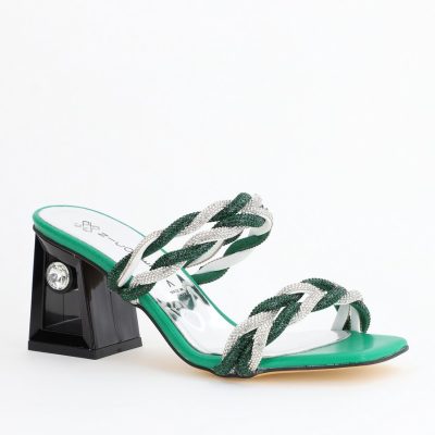 Saboți eleganti cu toc damă din piele ecologica cu pietricele culoare Verde BS520TR2405310