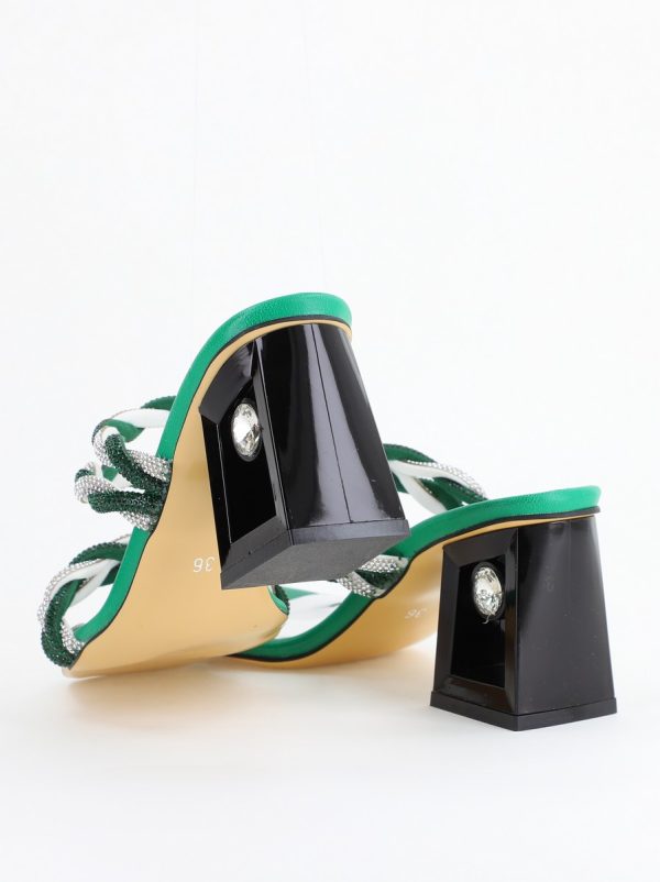 Saboți eleganti cu toc damă din piele ecologica cu pietricele culoare Verde BS520TR2405310 122