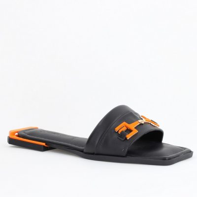 Saboți fără toc Piele Ecologica Negru cu portocaliu (BS1022TR2403955)