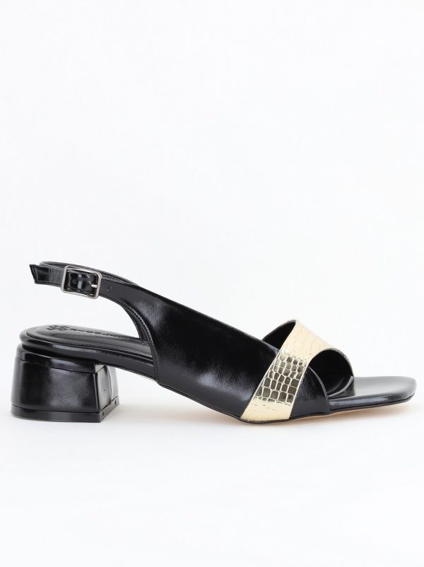 Sandale Casual cu Toc Mic Piele Ecologică Negru cu Auriu (BS104SN2404211) 124