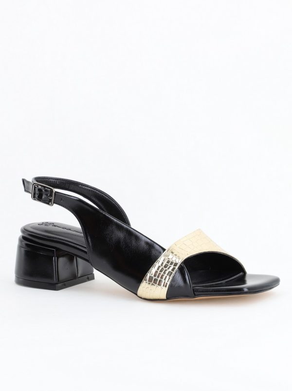 Incaltaminte Dama - Sandale Casual cu Toc Mic Piele Ecologică Negru cu Auriu (BS104SN2404211)