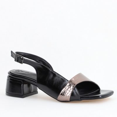 Sandale Casual cu Toc Mic Piele Ecologică Negru cu Platină(BS104SN2404212)