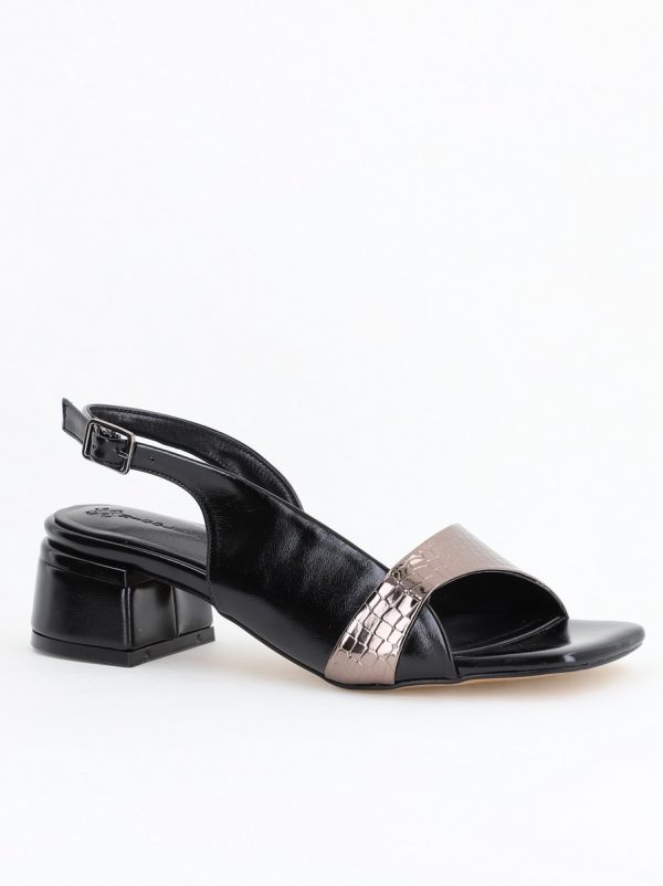 Incaltaminte Dama - Sandale Casual cu Toc Mic Piele Ecologică Negru cu Platină(BS104SN2404212)