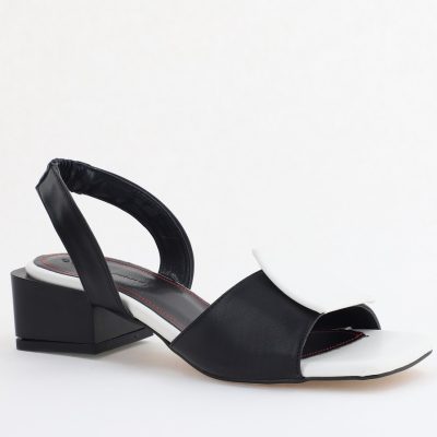 Sandale Dama cu Toc jos Piele Ecologica culoare Negru cu alb BS352SN2405500