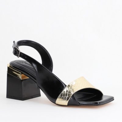 Sandale Damă cu Toc Vârf Drept Piele Ecologică cu Nuanțe Aurii (BS401SN2404227)
