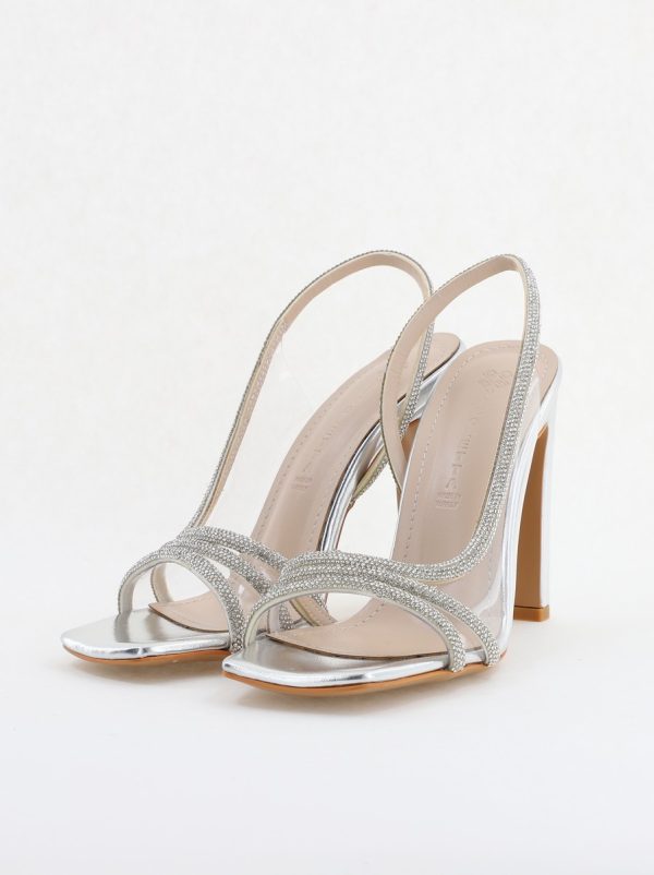 Sandale elegante cu toc pentru femei din piele ecologică împodobite cu detalii subtile de pietricele culoare argintiu (BS855SN2404235) 120