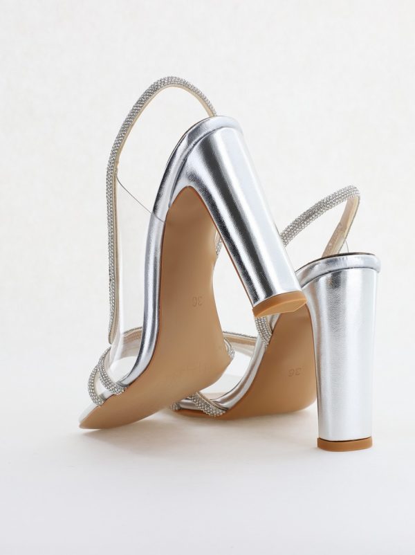 Sandale elegante cu toc pentru femei din piele ecologică împodobite cu detalii subtile de pietricele culoare argintiu (BS855SN2404235) 122