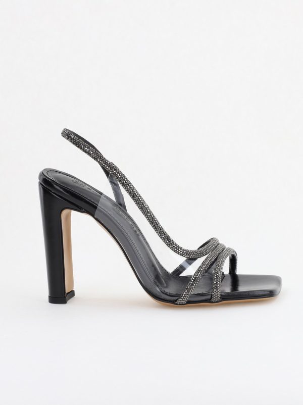 Sandale elegante cu toc pentru femei din piele ecologică împodobite cu detalii subtile de pietricele culoare negre (BS855SN2404234) 124