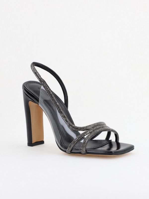Incaltaminte Dama - Sandale elegante cu toc pentru femei din piele ecologică împodobite cu detalii subtile de pietricele culoare negre (BS855SN2404234)