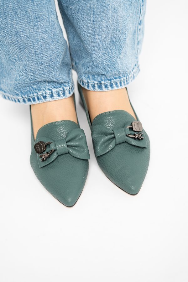 Pantofi cu Toc Jos Eleganti cu Fundita din Piele Ecologică Verde Petrol BS167BA2411169 121