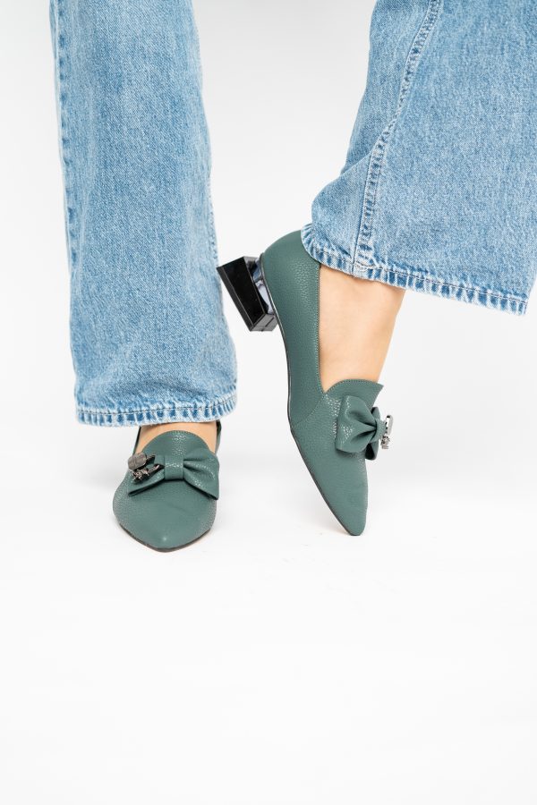 Pantofi cu Toc Jos Eleganti cu Fundita din Piele Ecologică Verde Petrol BS167BA2411169 123