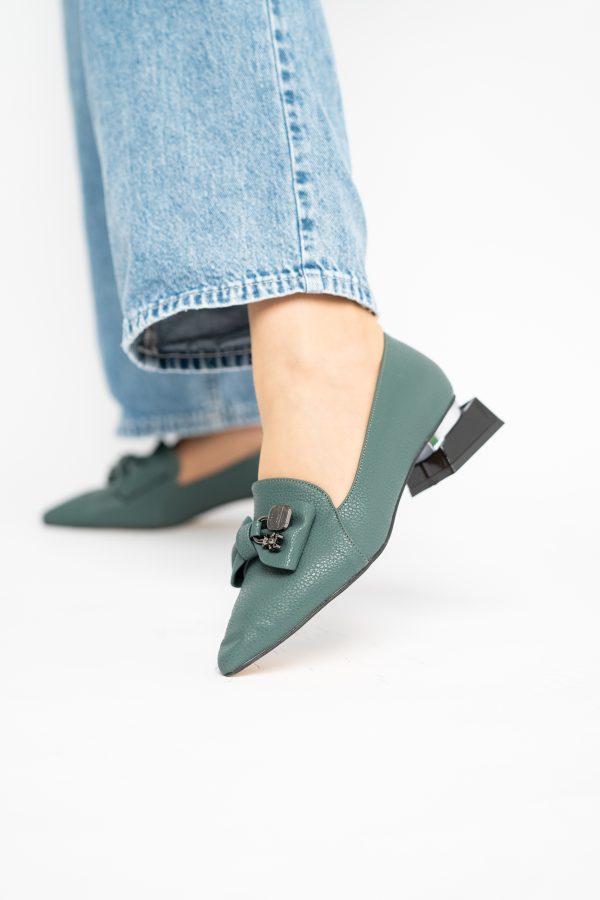 Pantofi cu Toc Jos Eleganti cu Fundita din Piele Ecologică Verde Petrol BS167BA2411169 119