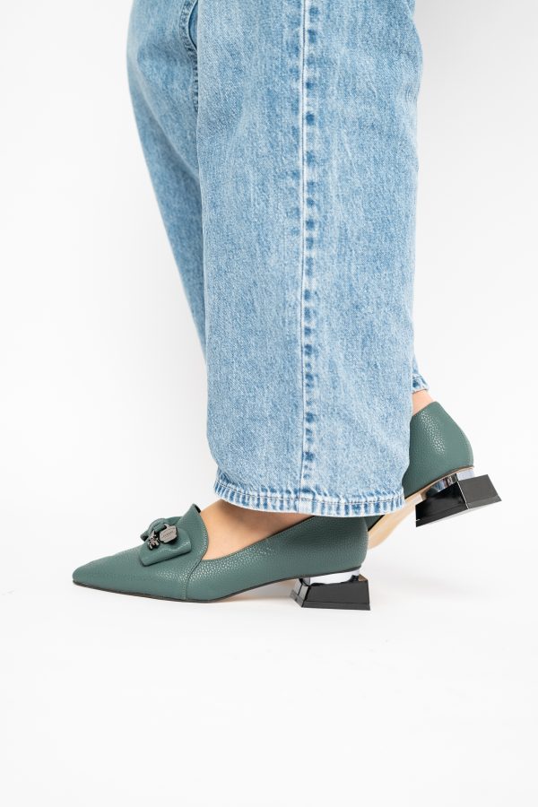 Pantofi cu Toc Jos Eleganti cu Fundita din Piele Ecologică Verde Petrol BS167BA2411169 125