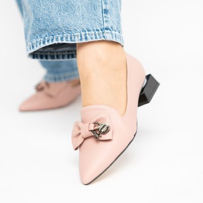 Pantofi cu Toc Jos Eleganti cu Fundita din Piele Ecologică Roz BS167BA2411170