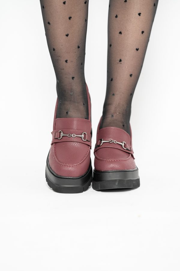 Pantofi Damă Casual cu Toc Tip Loafer din Piele Ecologică Bordo Mat- BS604AY2409913 121